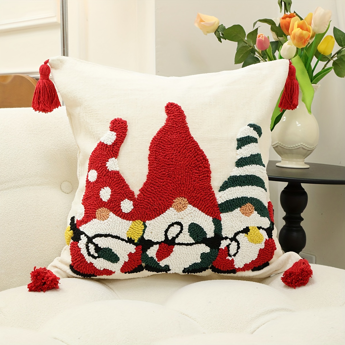 

Contemporary Hand-washable Pattern Plush Throw Pillow Cover With Tassel Detail, Zippered Polyester Decorative For Living Room And Christmas Party Decor -