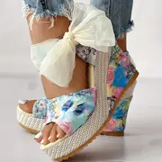 womens floral print wedge sandals peep toe bowknot strap platform shoes casual hoho beach shoes details 1