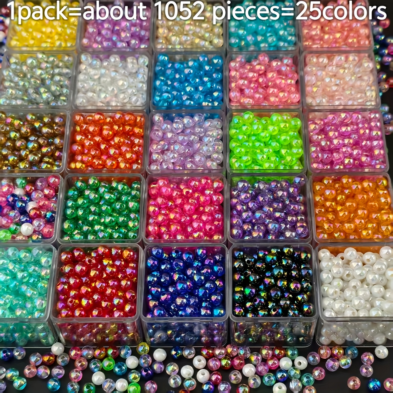 TEMU 1052 piezas (25 colores) Cuentas acrílicas redondas AB de 6 mm para fabricación de joyas - Cuentas multicolores brillantes con AB, adornos de