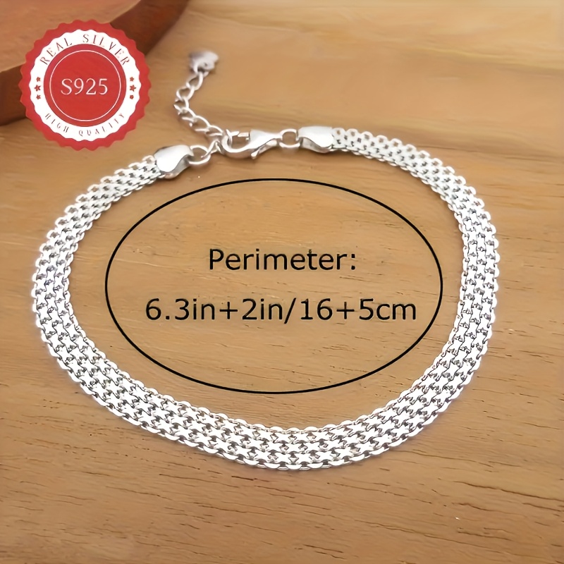 S925 Pure Silvery Chain Bracelet, Mesh Embossed Pattern