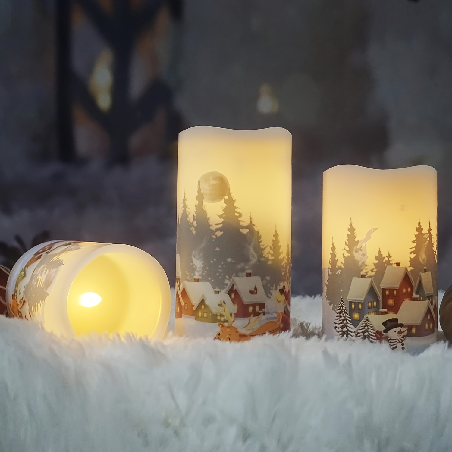 

Christmas Flameless Candles With Remote Timer Real Wax Realistic Flickering Battery Operated Electric Led Pillars With Decals Santa Claus Reindeer Snowman Tree Decorations 3 Pack