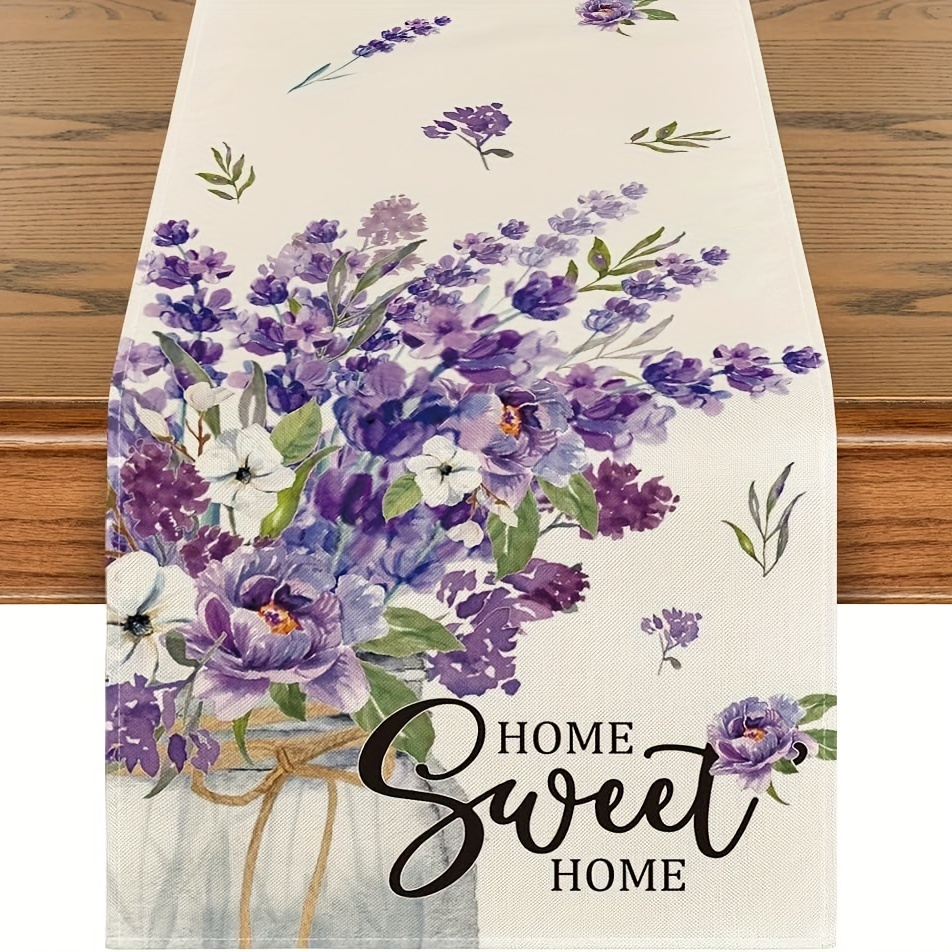 

1pc, Table Runner, Purple Floral Table Runner, Spring Summer Farmhouse Kitchen Dining Table Decor, Rustic Linen Style Home Decor For Indoor & Outdoor Gatherings