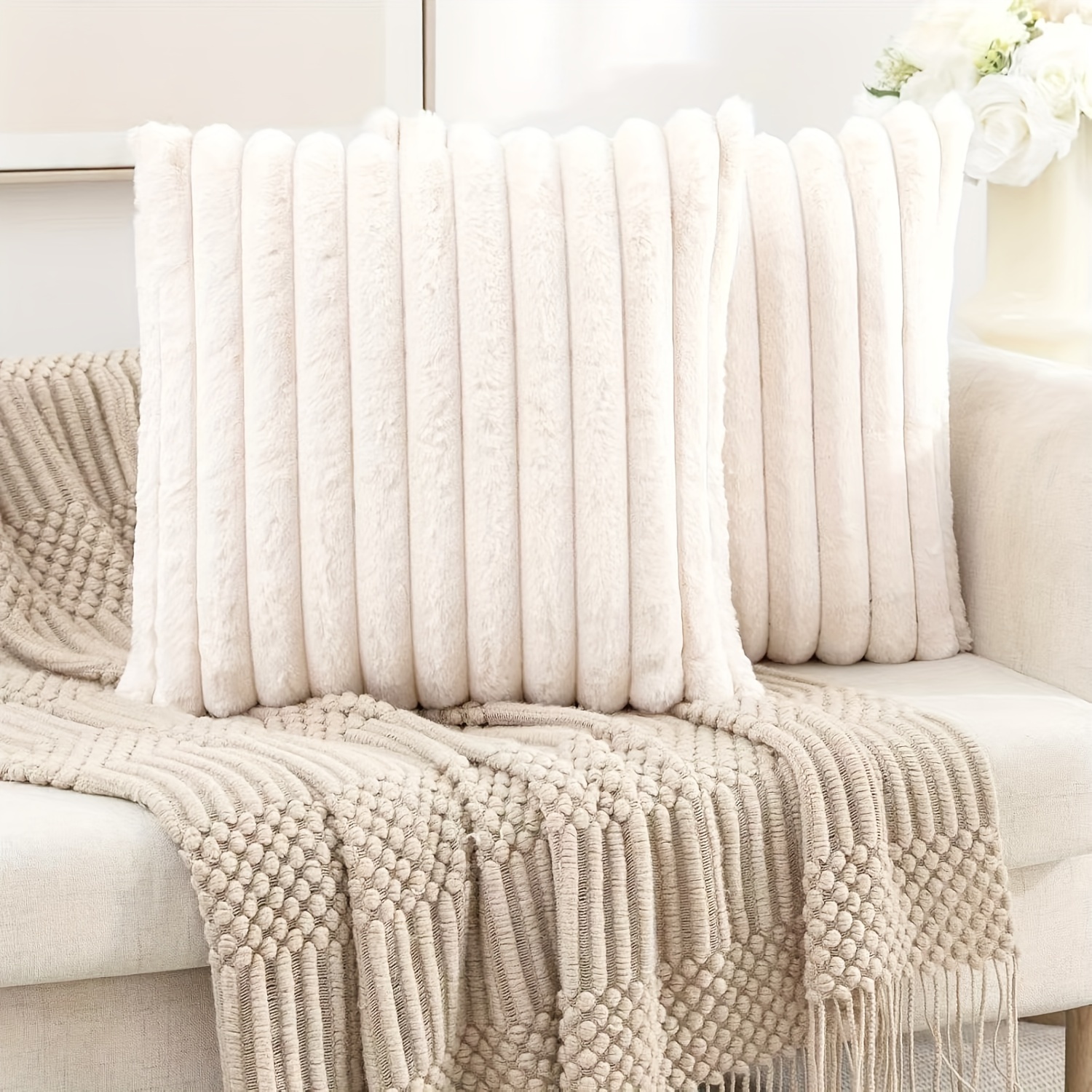 TEMU Plush Throw Pillow Covers Set Of 2 - Luxurious Soft Fluffy Striped Decorative Pillow Covers For Sofa, Couch, Living Room