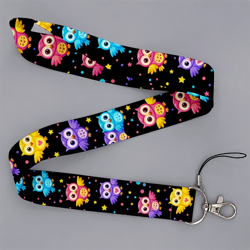 TEMU 2d Suitable For Men And Or School, Black Background Colorful Cartoon Owl Print Lanyard Anti-loss Portable Accessory For Students And Office