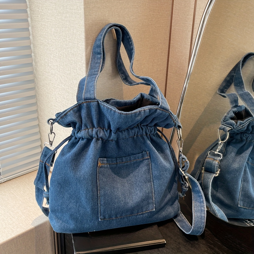 

Trendy Ruched Denim Tote Bag, Vintage Bucket Shoulder Bag, Drawstring Crossbody Bag For Women