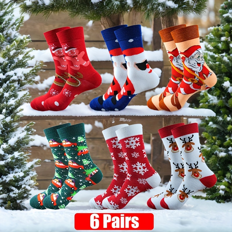 

6 Pairs Christmas Holiday Socks - Polyester Knit Fabric With Elastane, Non-binding And Cushioned Sole, Seamless Toe, Patterns With Santa, Snowflakes, And Reindeer - Machine Washable, Unisex Gift Set