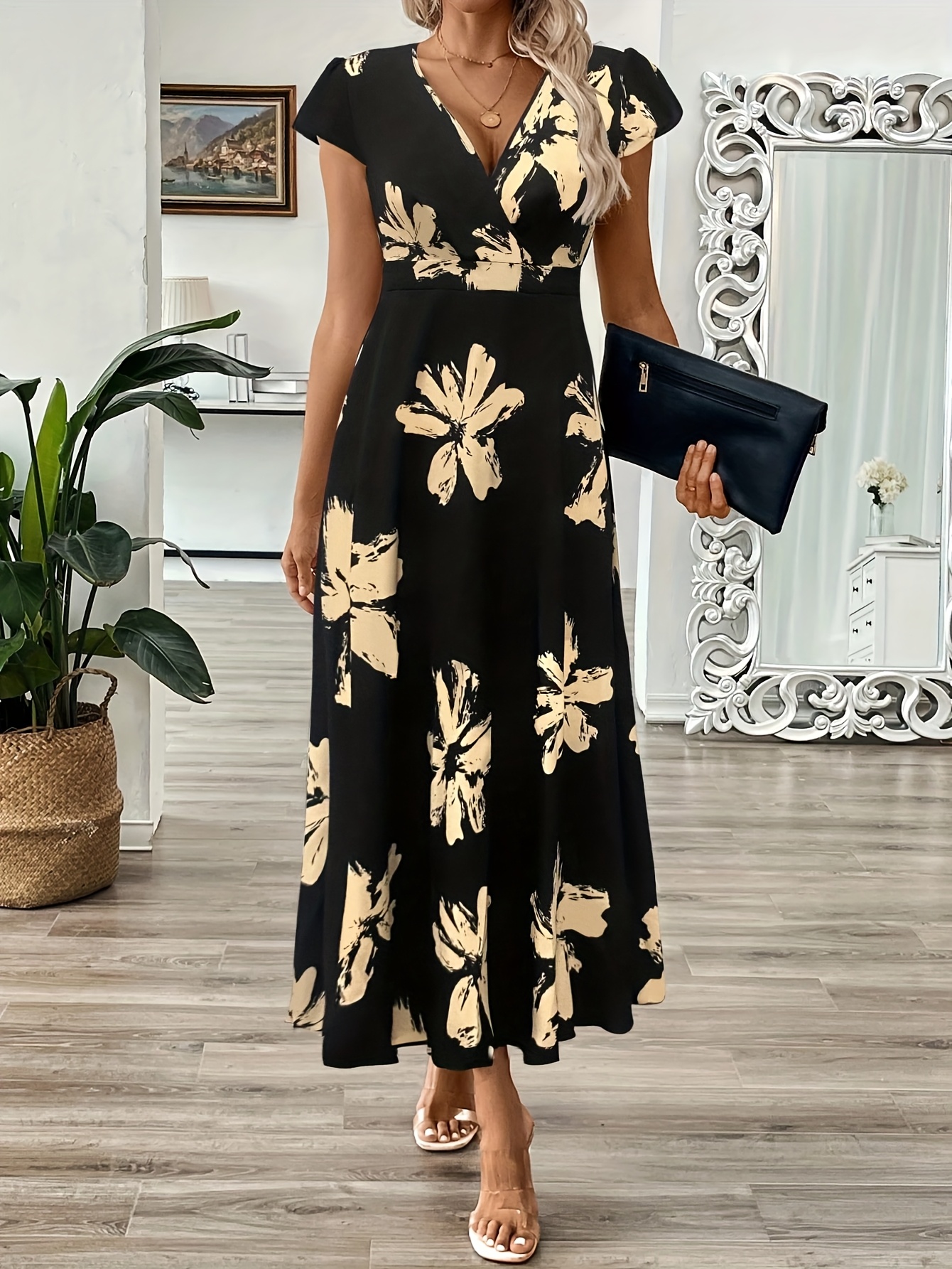 Elegant Floral Print Maxi Dress for Women - V-Neck, Short Sleeves, High-Waisted, Flowy A-Line Silhouette, Black with Golden Floral Design, Perfect for Spring & Summer, Adult Size, Casual Summer Dress | Floral Print Dress | Ruffled Hemline, Floral Dress