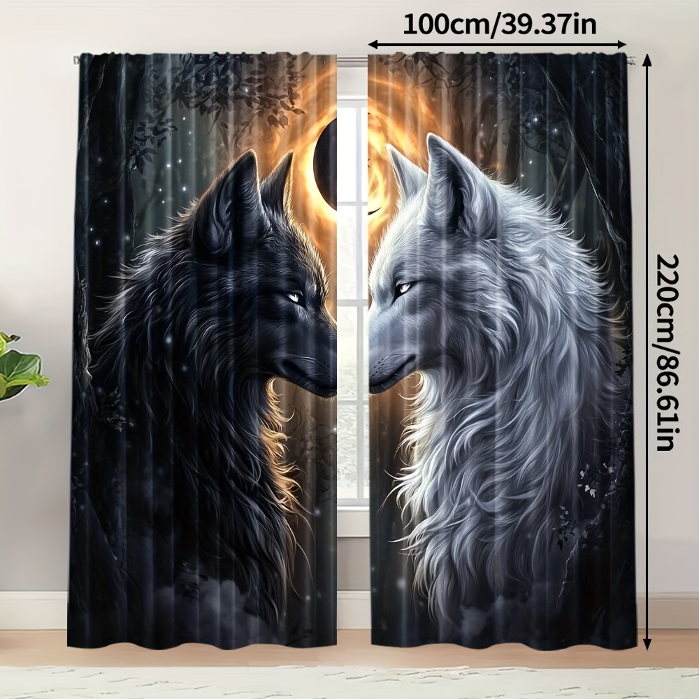 TEMU 2pcs Thermal Insulating Blackout Curtains - Wolf Design Window Drapes With Dark Background, Light Blocking & Energy Efficient Window Treatments