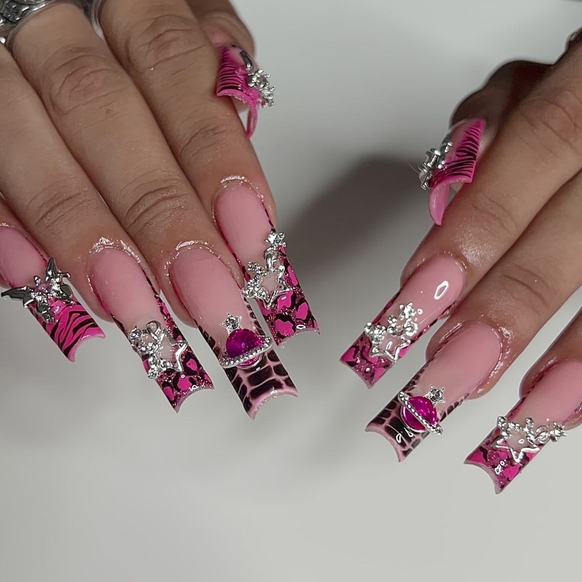 

24pcs Y2k-inspired Long Coffin Press-on Nails With Leopard Print, French Tips, & Bow Charms - Full Cover Fake Nails For Women And Girls