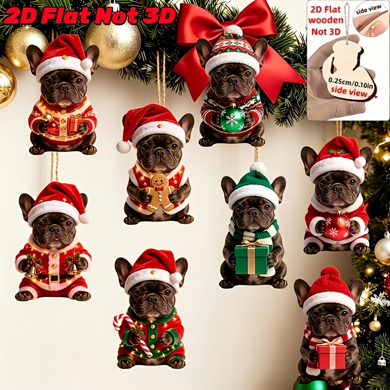 TEMU 2d Flat, 2d Flat - 8pcs Set Of Adorable French Bulldog Wooden Ornaments In Christmas Outfits - 2d Flat, Not 3d | , Made Of Wood | Suitable For