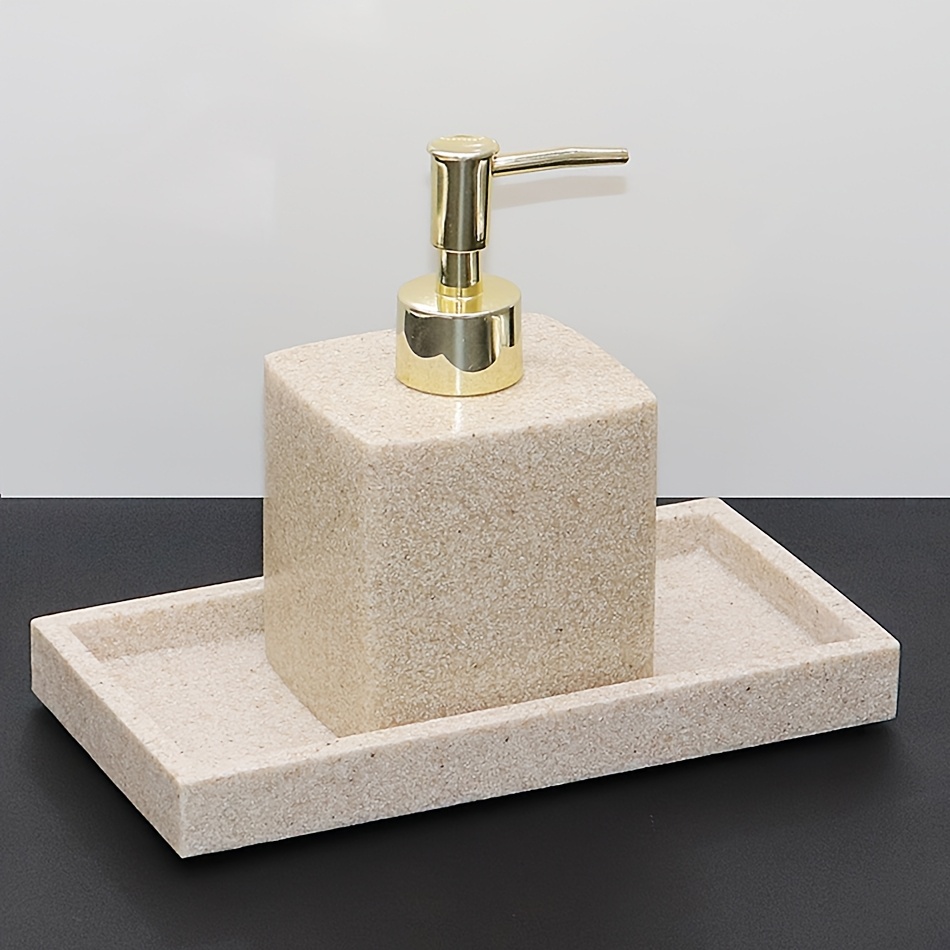TEMU Refillable Beige Stone Soap Dispenser With Golden Pump, 2pcs Bathroom Set With Tray & Reed Diffuser, Rustproof Pump Countertop Organizer For