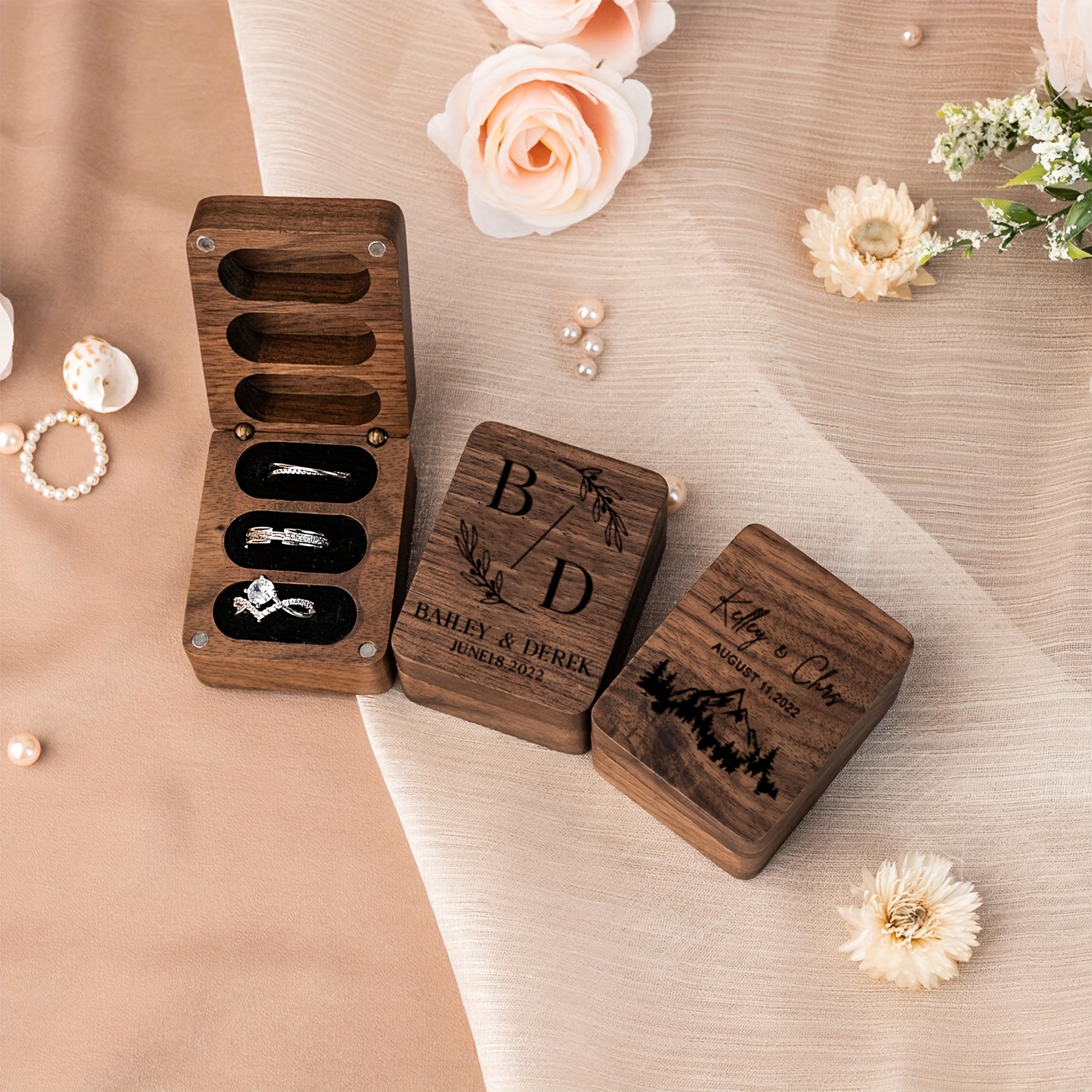 Custom Engraved Triple Ring Box, Wedding Ring Bearer