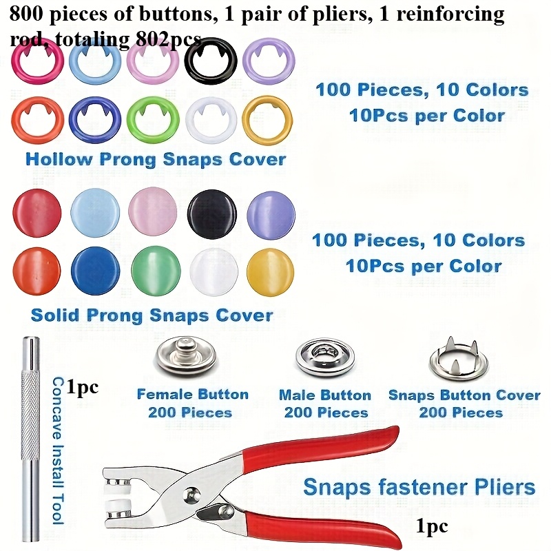 802pcs Snap Fasteners Tool Kit, Hollow And Snap Buttons With Setting Tools, Manual Copper Punching Set For Sewing Jeans, Clothing, Bags, Leather Crafts, 200 Sets In 10 Colors, 9.5mm