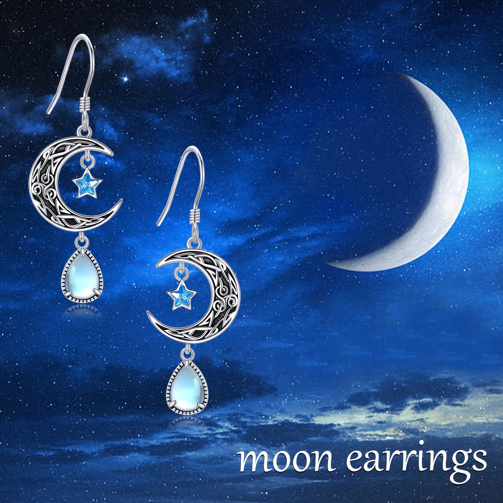 Women's Celtic Moon Earrings, Moonstone Dangle Design