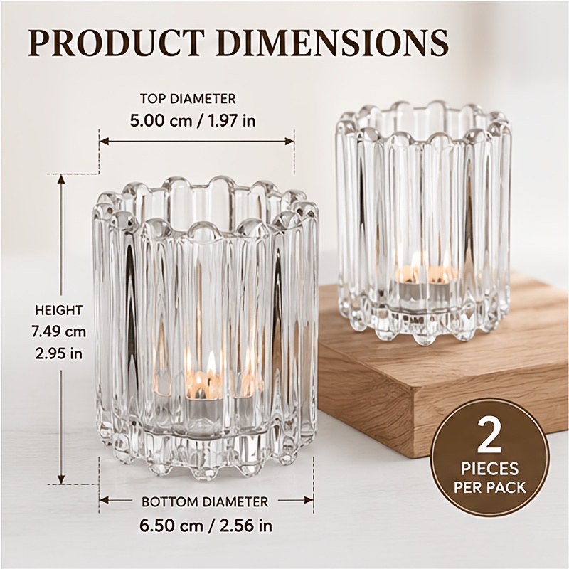 TEMU 2pcs Glass Clear Votive Candle Holders Suitable For Wedding Centerpieces, Dinner Party Table Decor With Ribbed & Tealight Holders - Polished
