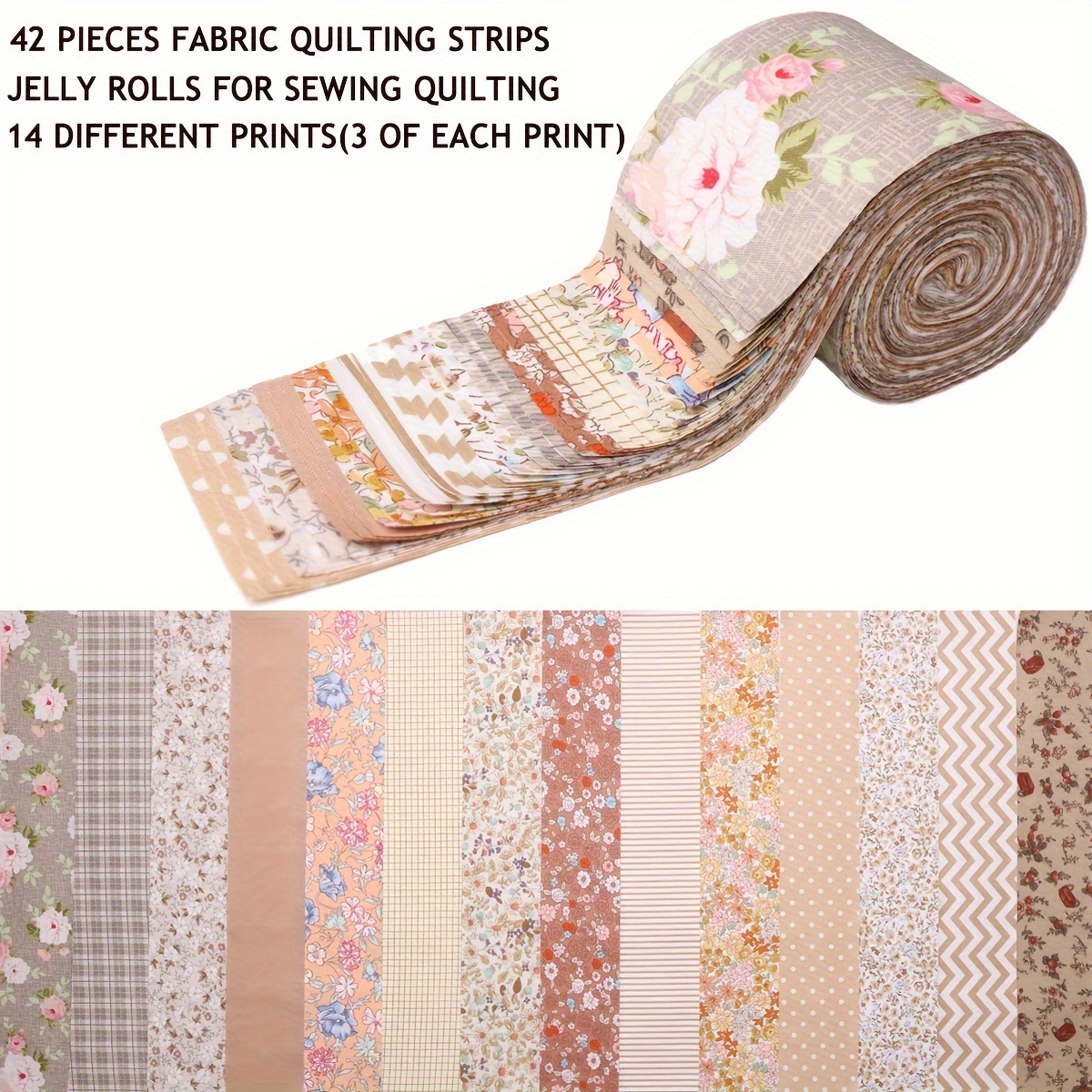 

42-piece Cotton Quilting Fabric Jelly Rolls, Flower Pattern Precut Strips, 100% Cotton Fabric Bundle For Sewing, Quilting, Diy Crafts, Hand Wash Only - 14 Designs, 3 Of Each