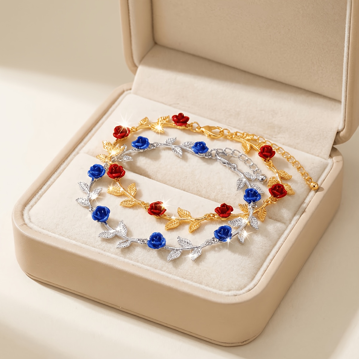 TEMU 2pcs Set Fashionable Elegant Rose Women's Bracelets, Blue, Red Rose Bracelet Set, Suitable For Women's Spring Summer Daily Vacation, Wedding