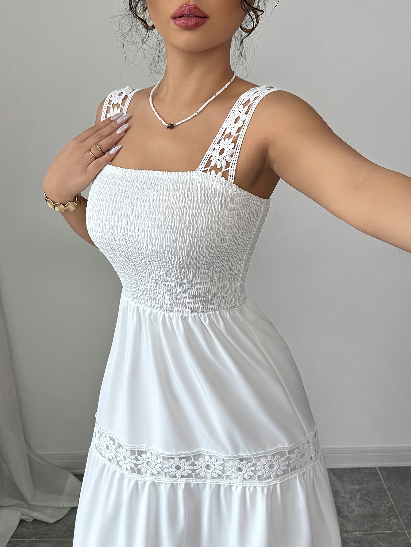 elegant white lace trimmed ruffle hem sleeveless midi dress Temu