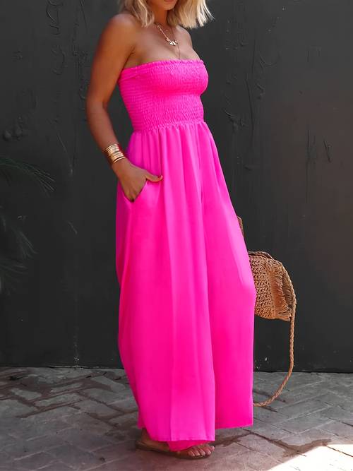 womens sleeveless strapless wide leg jumpsuits summer casual loose smocked chiffon jumpsuit rompers with pockets