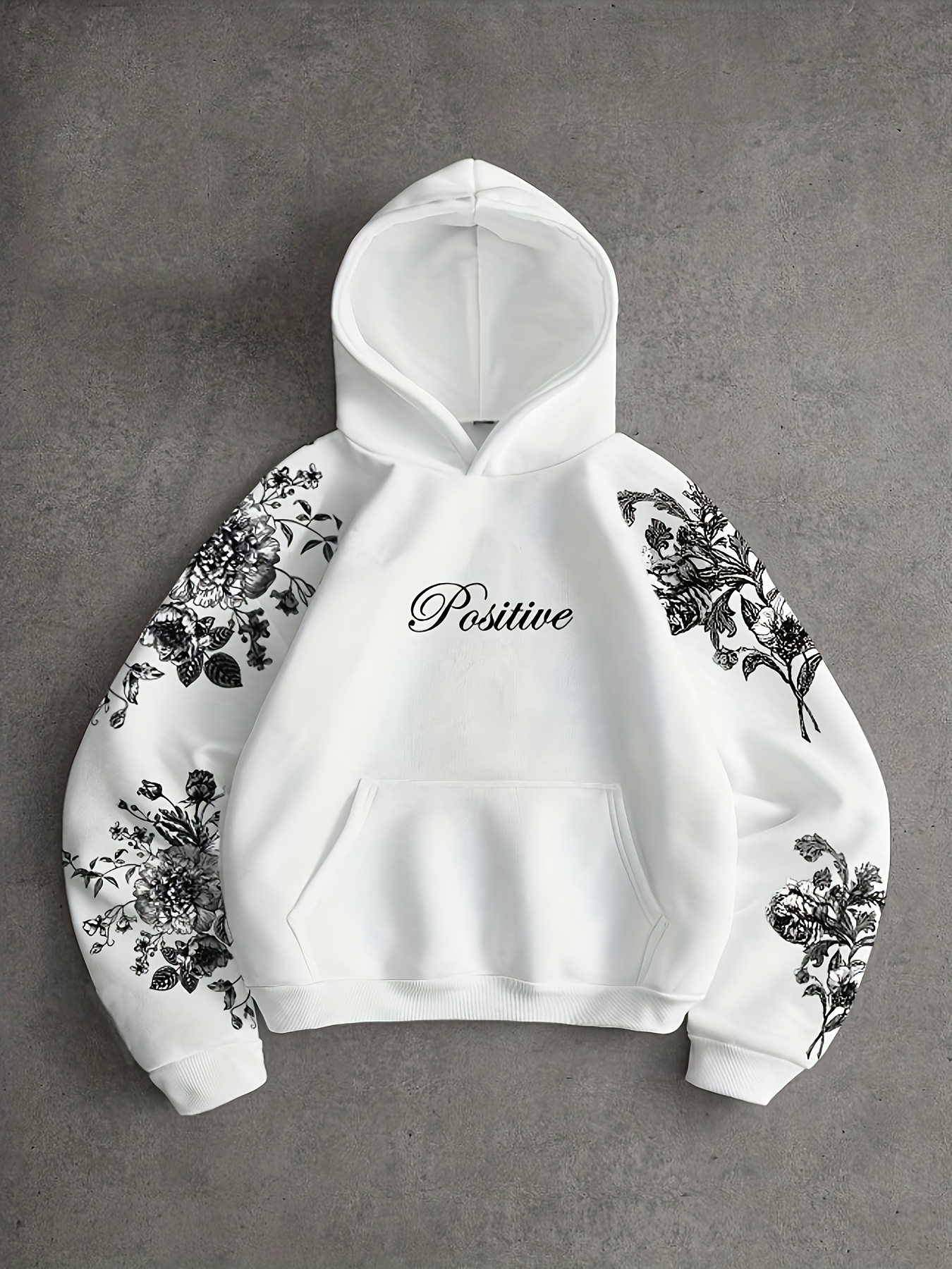 Men's Fashion Street Floral Print Hooded Sweatshirt in White with "Positive" Lettering Art Top