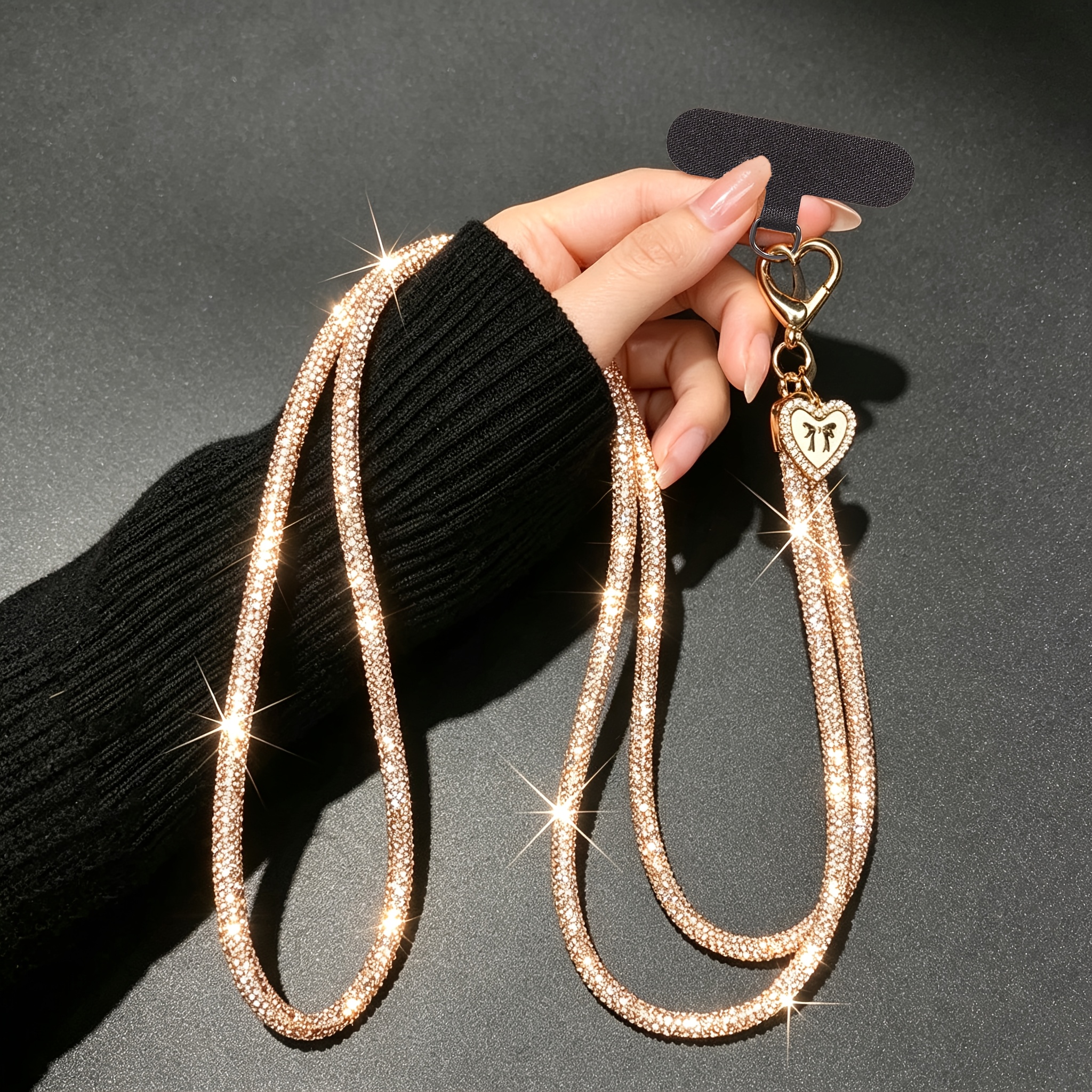 TEMU Cordino a tracolla per telefono con strass scintillanti, con ciondolo a cuore e connettore per telefono, catena universale anti-smarrimento per