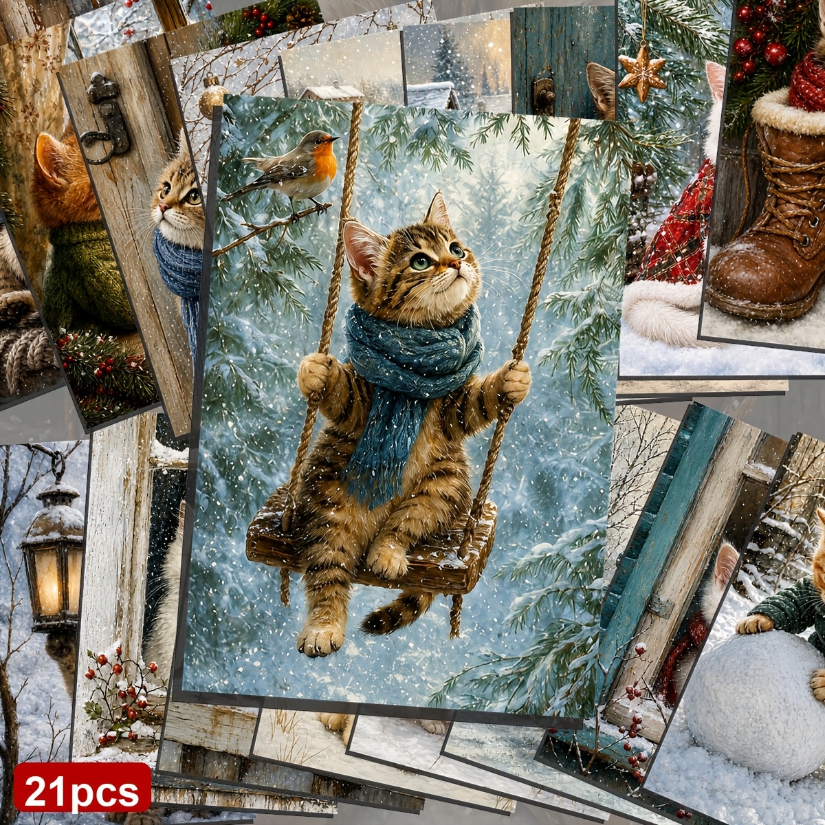 TEMU A Set Of 21 Cute Cats In Winter Scenery Postcards, Illustrative Art, Suitable For Writing On Cardboard, Smooth , Scrapbooks, Junk Journals,