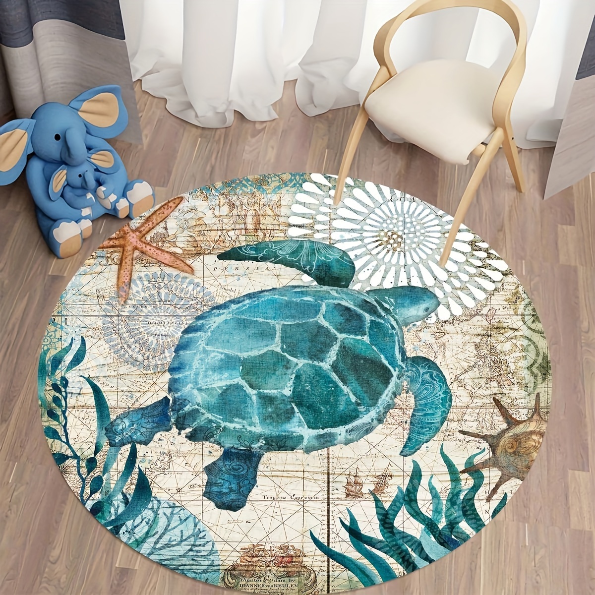 

Round Turtle Design Area Rug, Machine Washable Polyester Non-slip Absorbent Mat For Bedroom, Porch - 80cm And 120cm Diameter Options