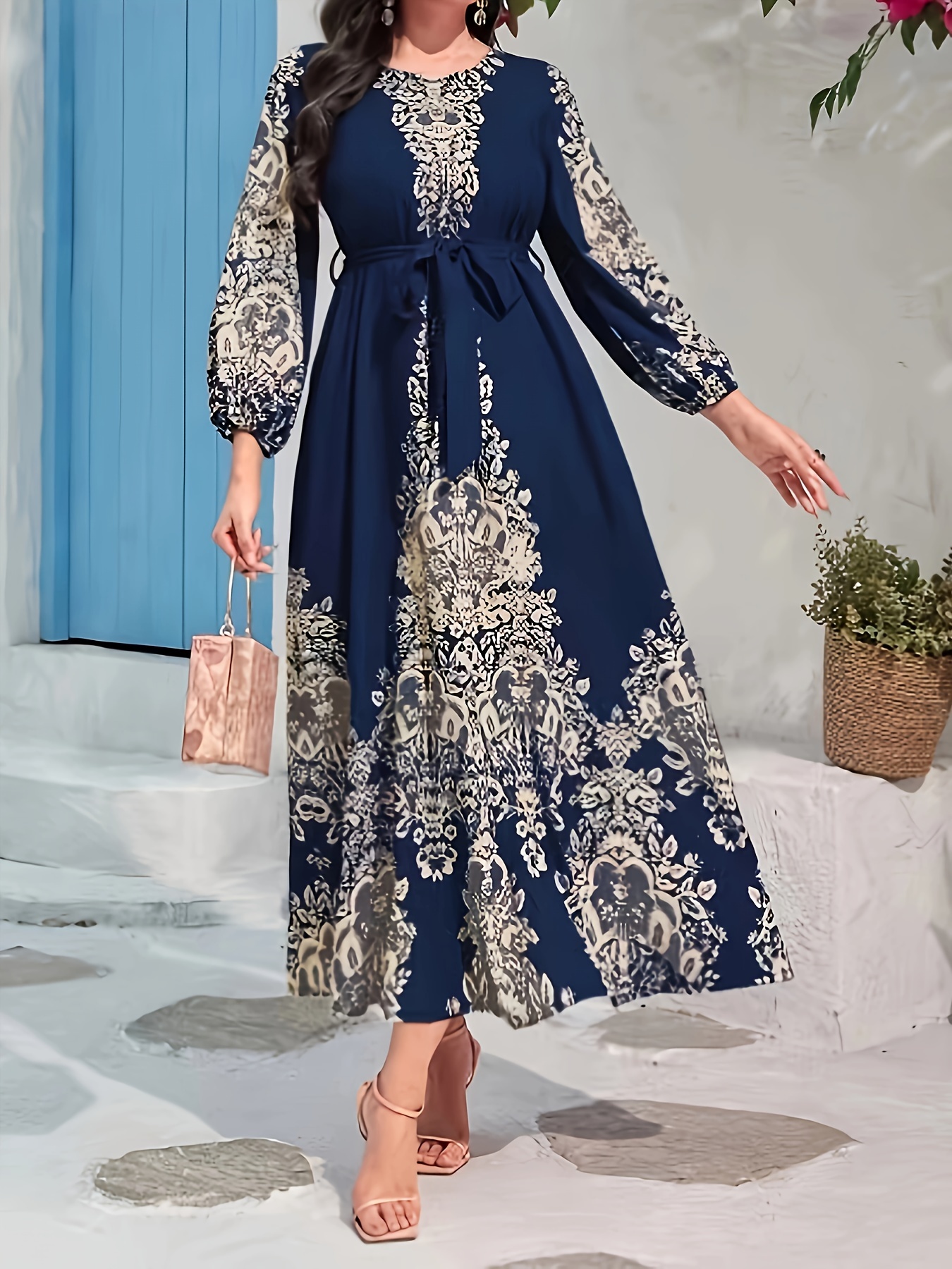 Women's Navy Blue White Ethnic Floral Print Vintage Court-Style Dress  with Puff Sleeves Waist Tie Belt A-Line Machine Washable