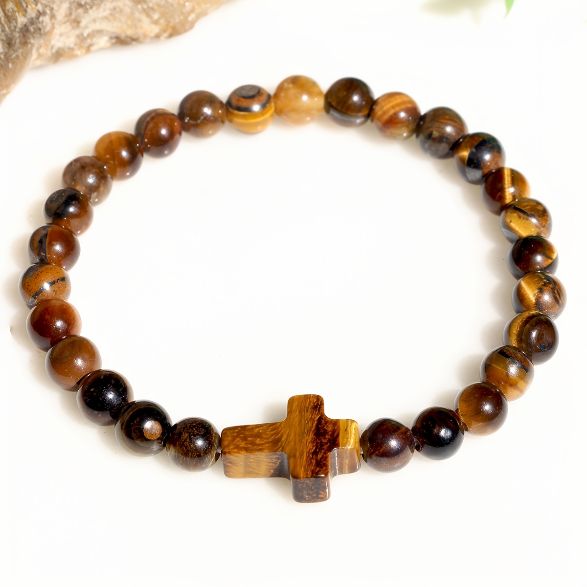 Image of Vintage 6mm Natural Eye Cross Bracelet - Unisex Style Handcrafted With Elastic Cord Design Imbued With Ideal For Casual Attire Or Holidays