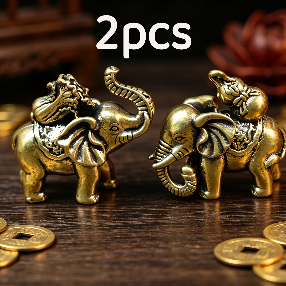 TEMU 2pcs Vintage Elephant Figurines, Mini Wealth Gourd Statues, Distressed Metal Elephant Sculptures, Shui Desktop Decor, Collection Crafts, Home
