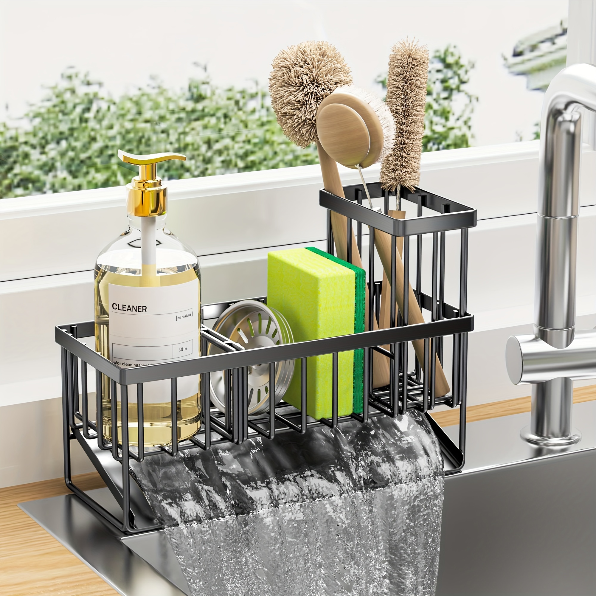 

Kitchen Sink Caddy: Sponge Holder, Organizer & Storage With High Brush Holder - Carbon Steel Kitchen Gadgets Dish Sponge Organizer With Divider