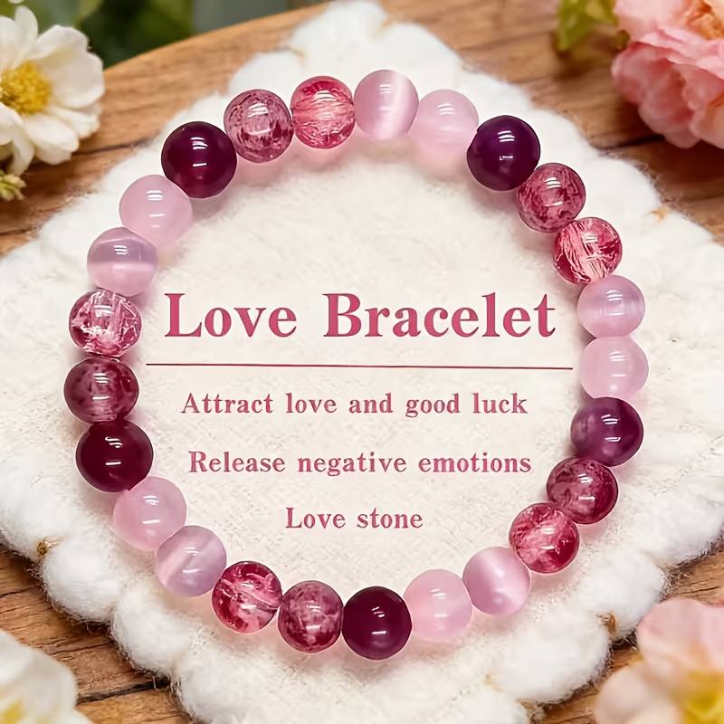 Image of 2pcs Natural Pink Heart Stone Bracelet For Women - Attracts Love, Luck, And Positive, Jewelry, Valentine's Day, Anniversary Gift