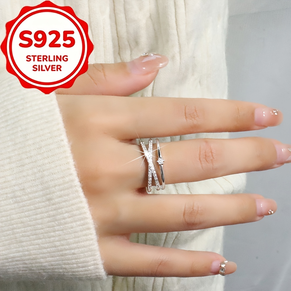 Women's S925 Silver Cross Double-Layer Open Ring with Synthetic Zirconia
