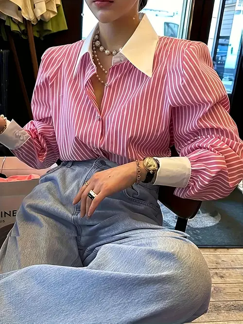 womens elegant pink and white striped long sleeve shirt with pocket button up blouse for spring summer polyester non sheer