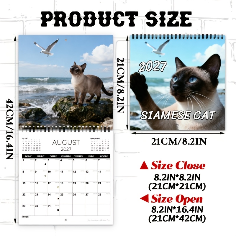 TEMU (upgraded Thickened Paper, High-quality Printing) 2027 Funny Siamese Cats Aesthetic Design Fold Wall Calendar Planner, 12-month Large Layout,