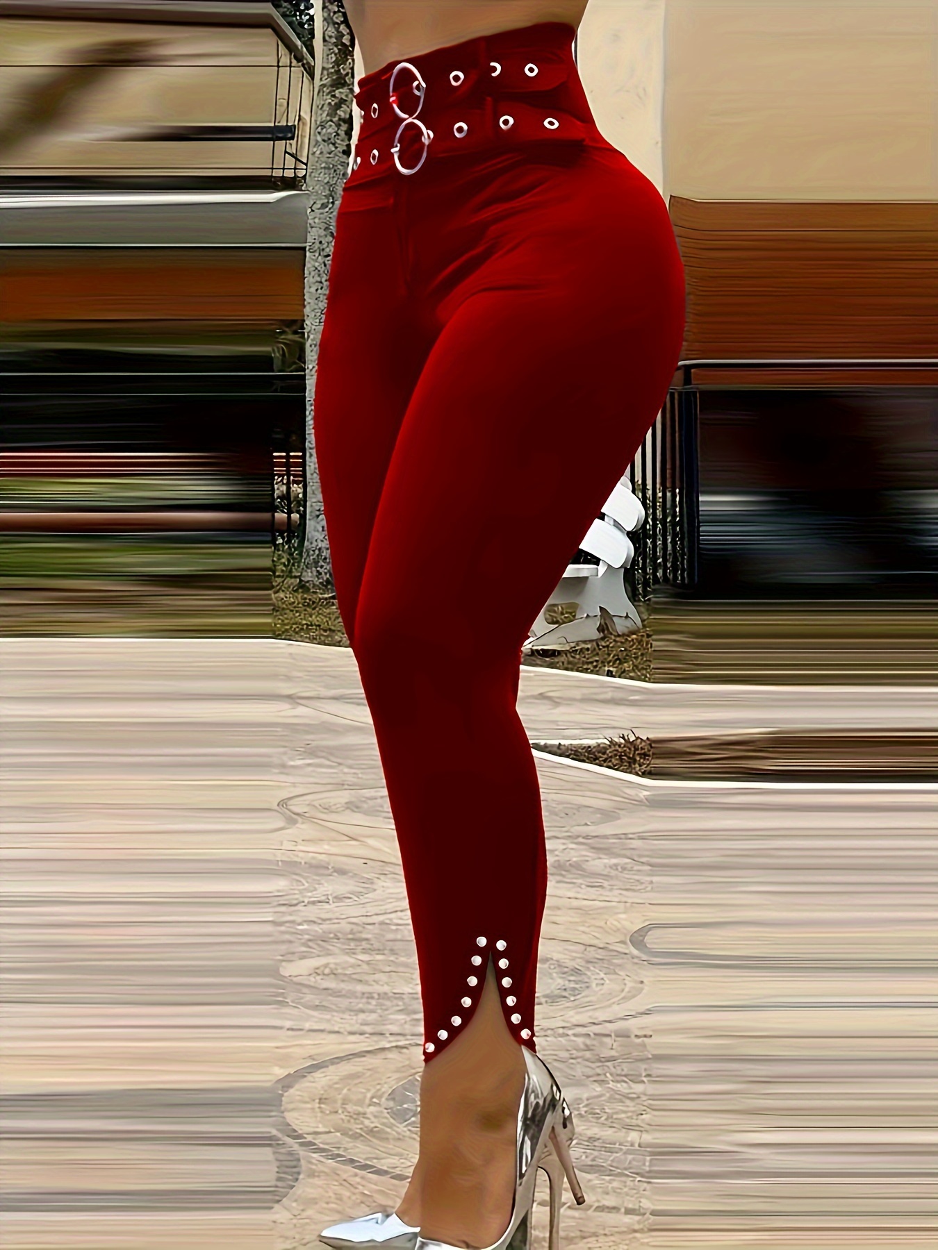 Chic Green High-Waist Skinny Pants with Elegant Button & Grommet Detail - Versatile, Stretchy Polyester, Machine Washable - Perfect for All Seasons