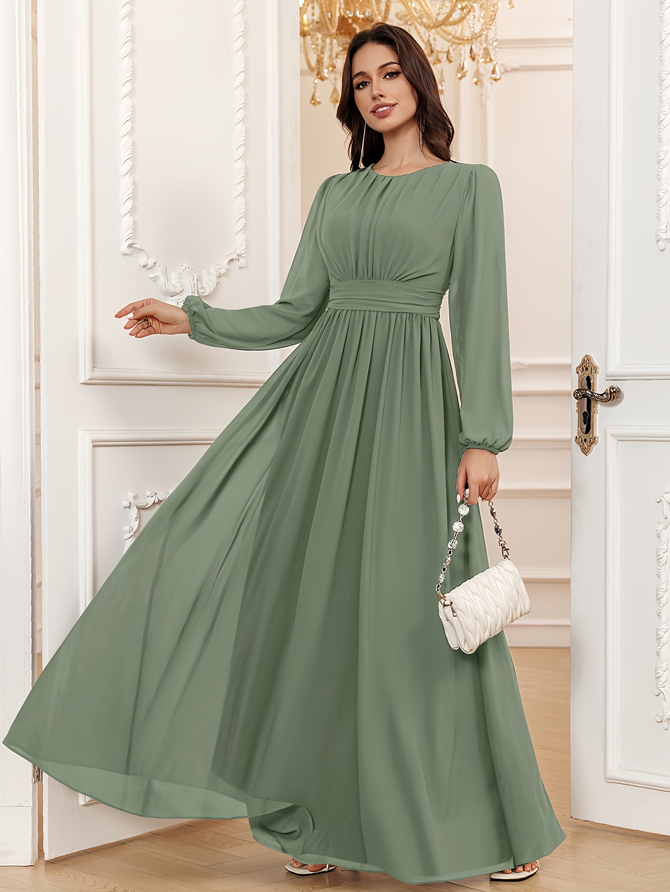 green emerald velvet dress 2023 V Neck A Line Long Sleeve Chiffon Wedding Dress With Slit – Sassymyprom