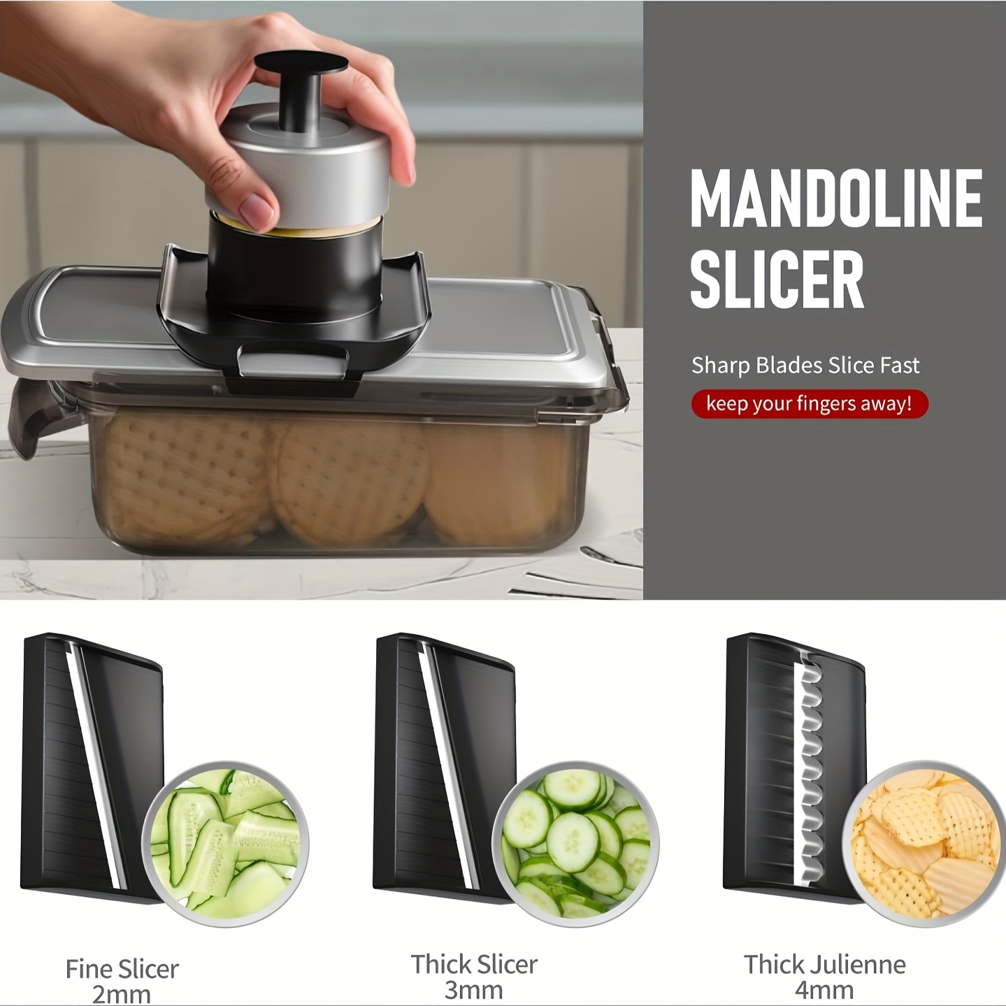 12 in 1 stainless steel mandoline food slicer vegetable chopper with container manual kitchen gadget for onions fruits salads cheese grating ergonomic handle   vegetable slicer salad preparation modern kitchenware durable kitchen tool Product details 3