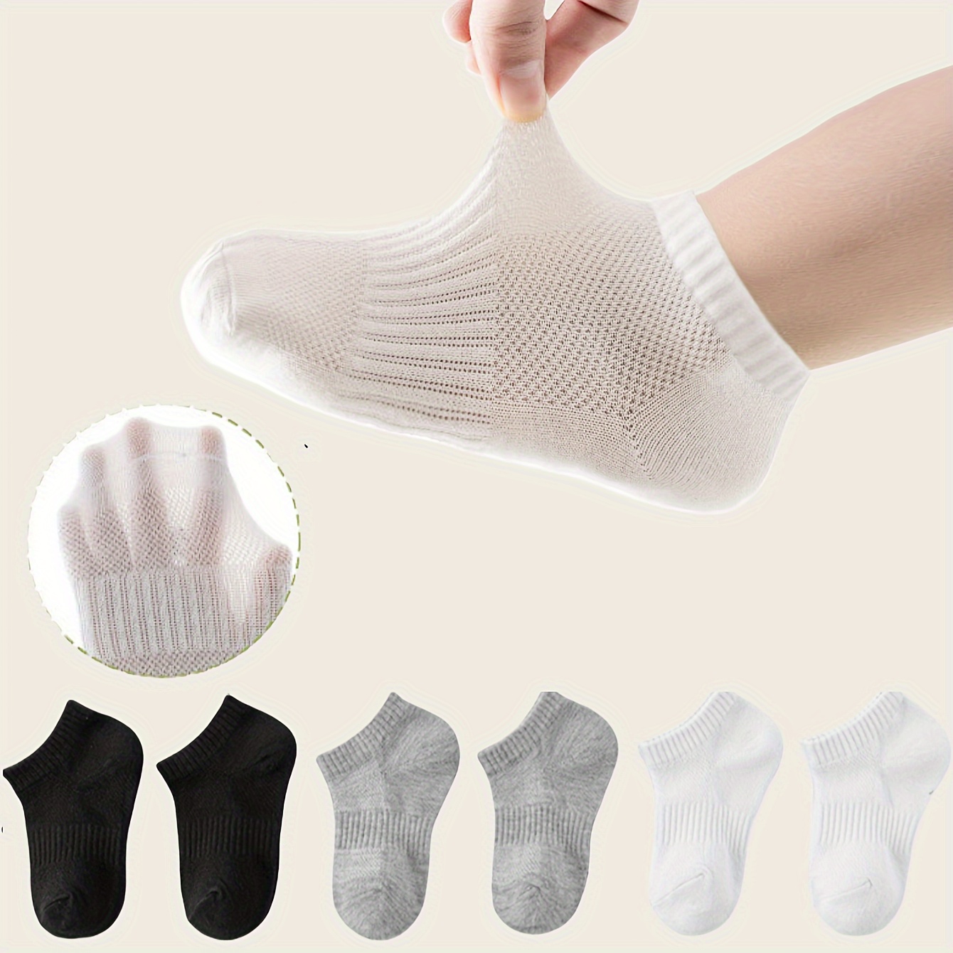 

10 Pairs Assorted Solid Color Socks For Kids, Black, White, Grey, Polyester & Spandex , Hand Wash Only, Seasonal, Breathable Knit, Girls' Fashion Ankle Socks