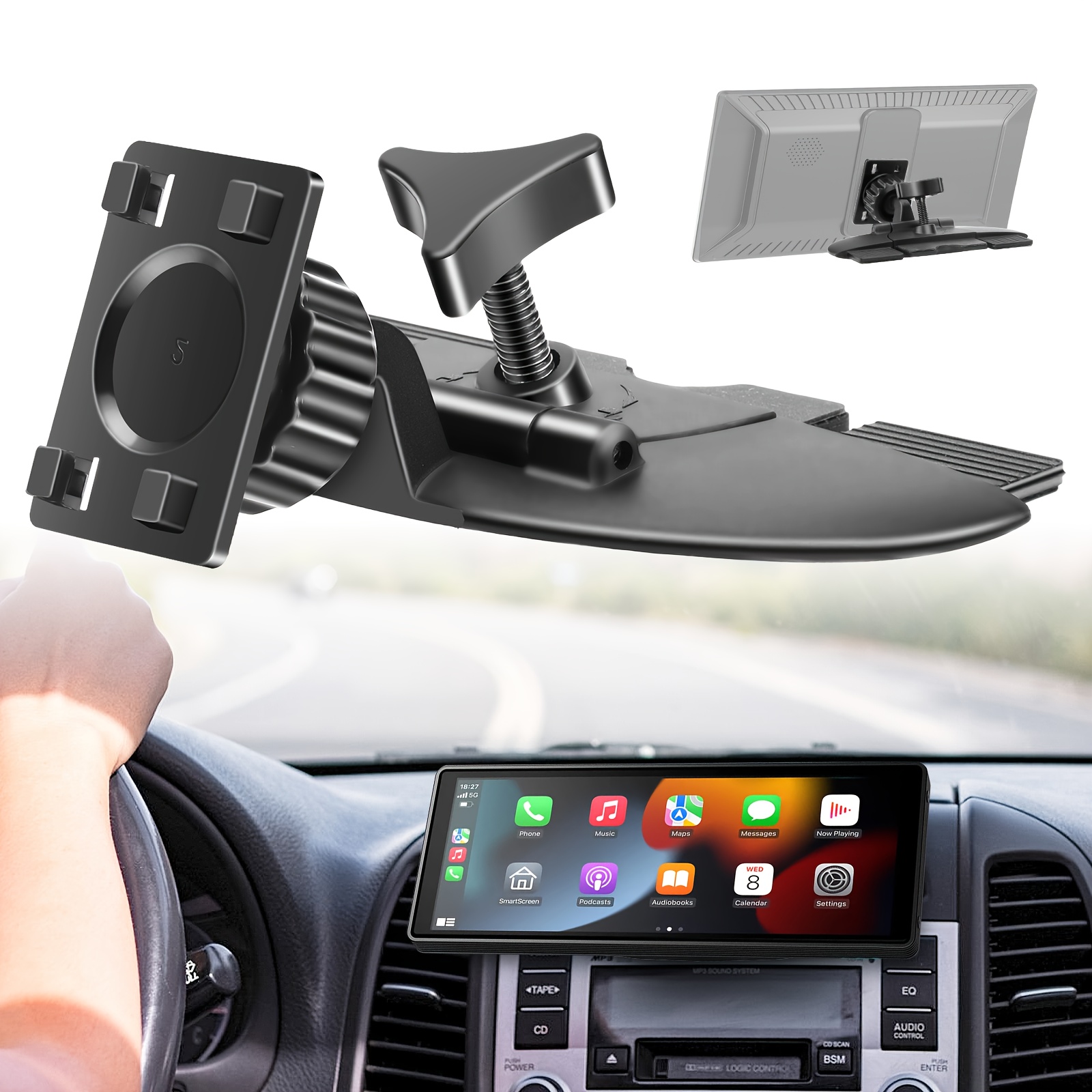 Temu – TEMU 360-degree Rotating Carplay Mount, Cd Slot Mount For 7 Inch Monitors, Installation, Shockproof Car Accessory, For Sedans, Suvs, And Trucks