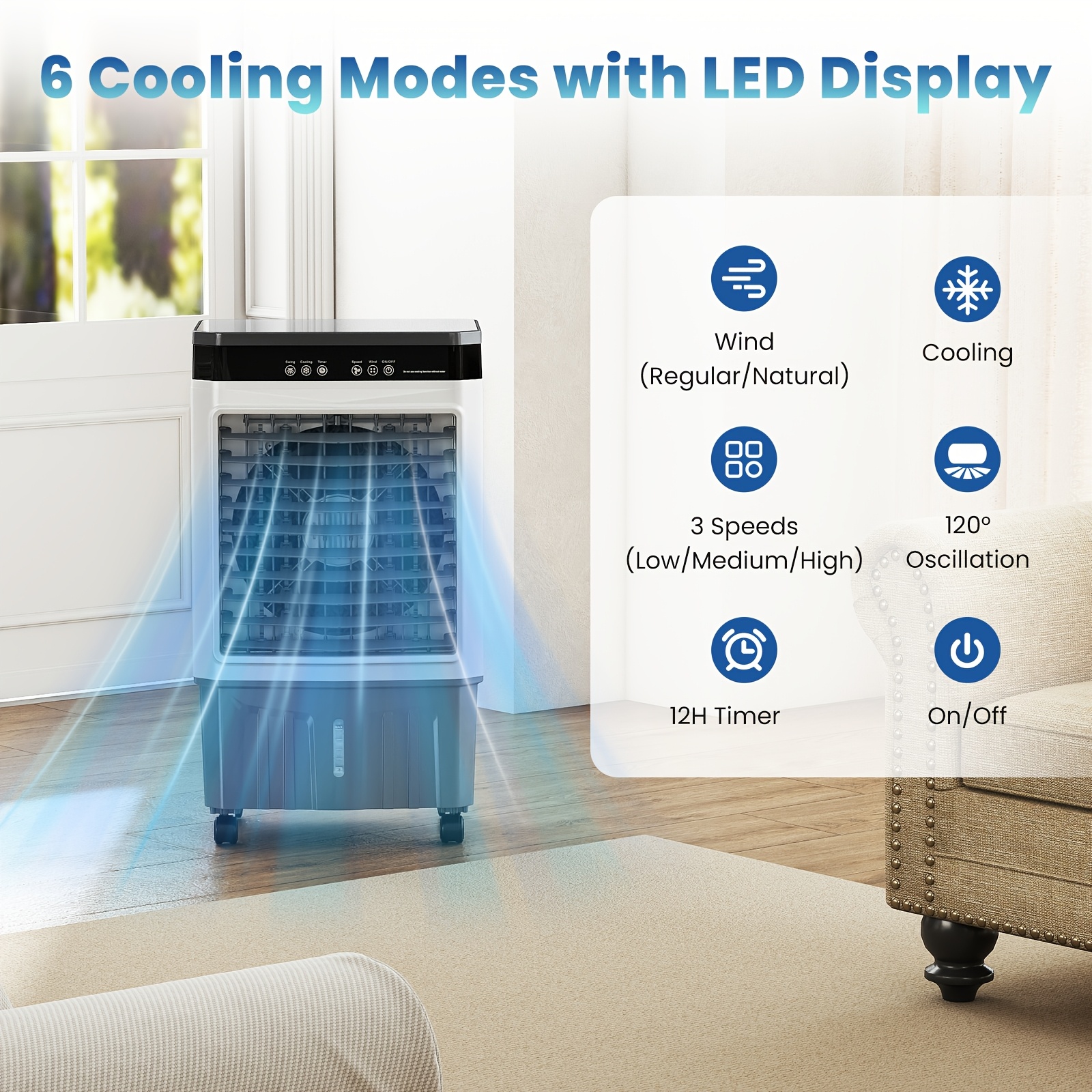 2000/3200 CFM Evaporative Air Cooler, Portable Cooling Fan with 4/6 Ice Packs, 5.6/8.6 Gallon Water Tank, 3 Speeds, 12H Timer, 120° Oscillation Swamp Cooler for Bedrooms, Garages, Apartments, Patios