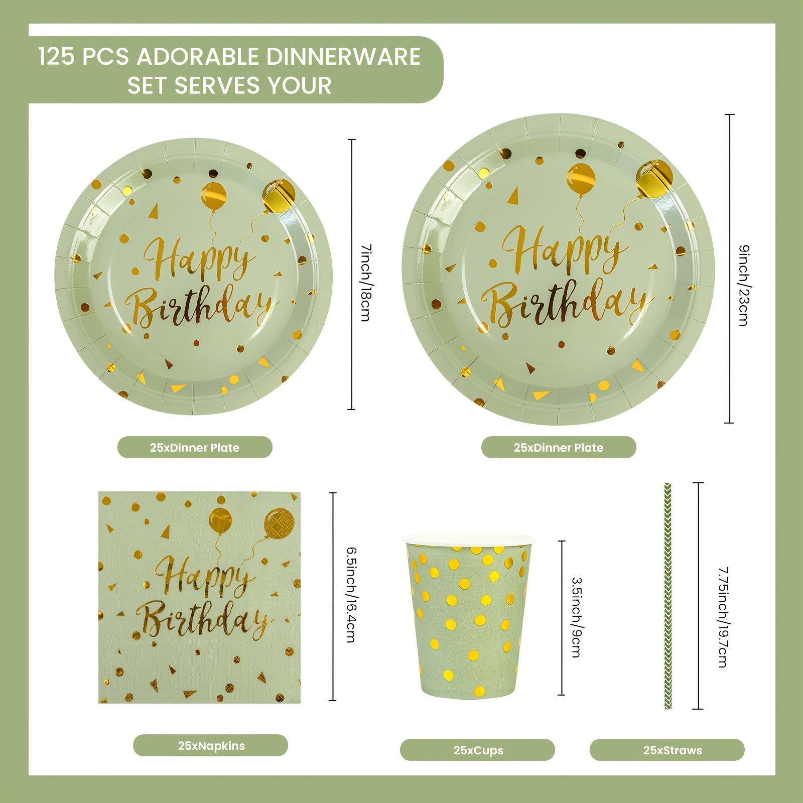 Looking For A Party Set With 125pcs Of Green And Tail Partyware? Your Birthday With This Party Set For 25 Guests, Including Paper Cups, Paper Plates, Napkins, And Paper Straws. Halloween, Christmas
