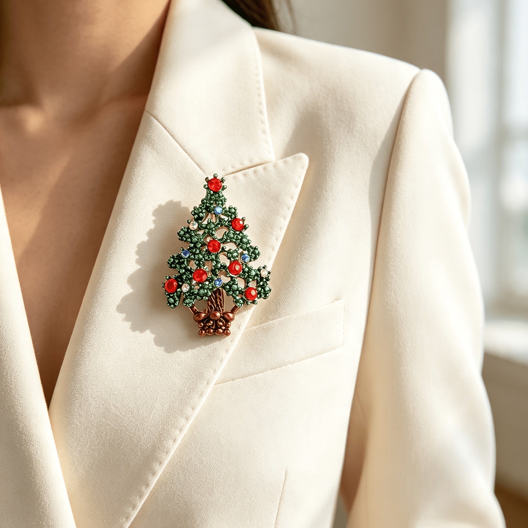 TEMU Retro Colored Diamond Christmas Tree Brooch, Red And Green Water Diamond Droplet Metal Pin, A Festive Accessory That Enhances The Christmas