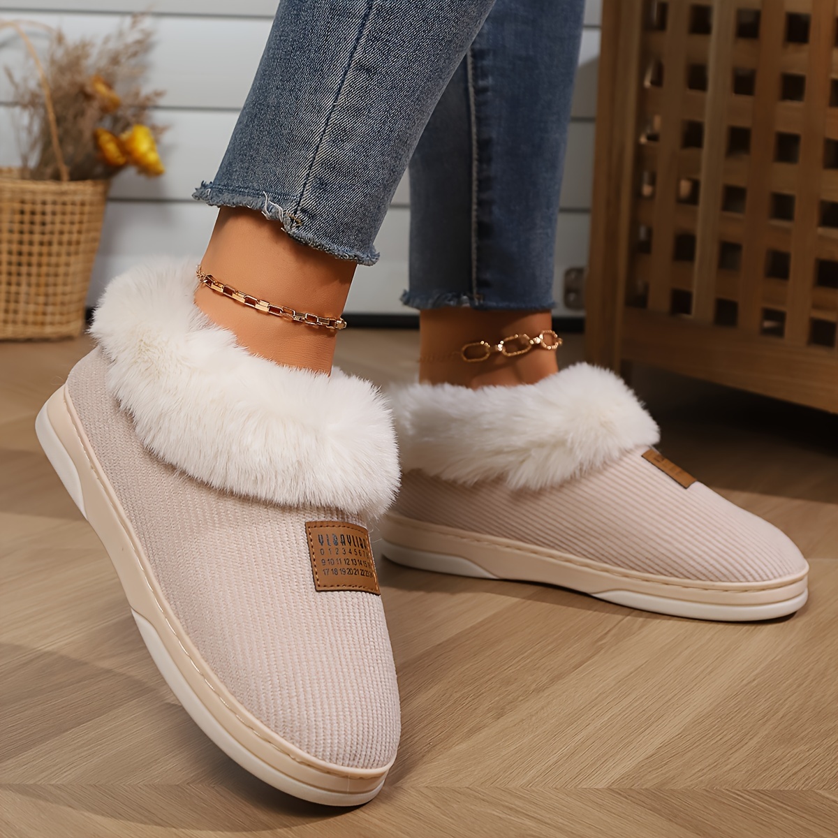 womens   fur lined slippers indoor warm plush house shoes non slip soft sole bedroom footwear comfy slip ons winter autumn details 3