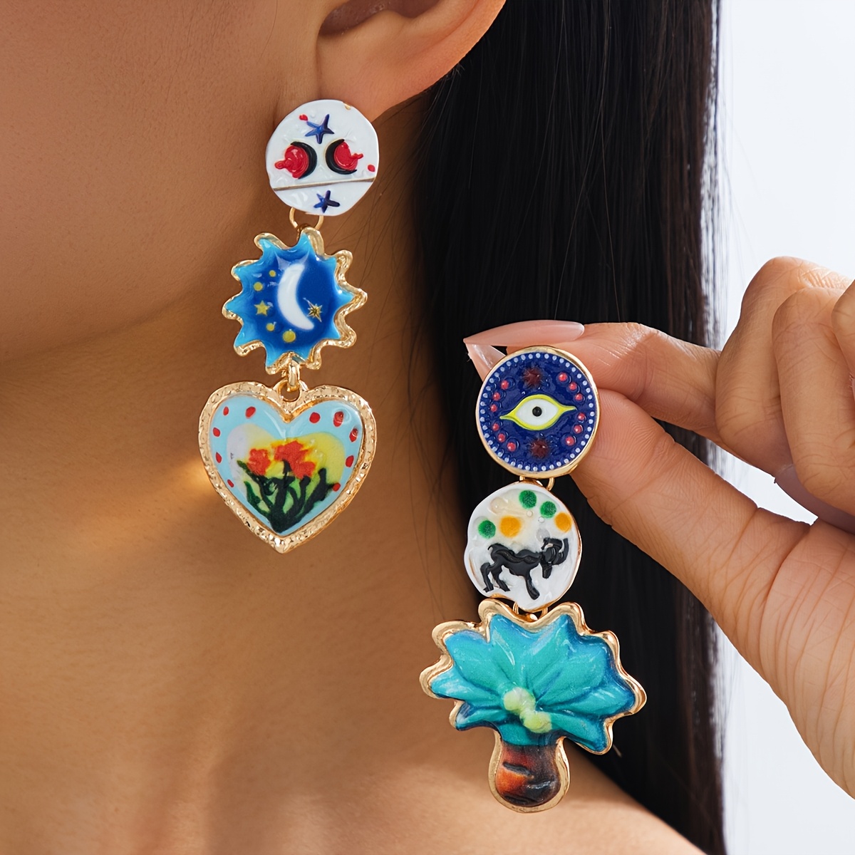 TEMU 2pcs Trendy Vintage Versatile Alloy Printed Coconut Tree Floral Heart Asymmetric Earrings For Women, Suitable For Daily Wear, Gifting, Parties,
