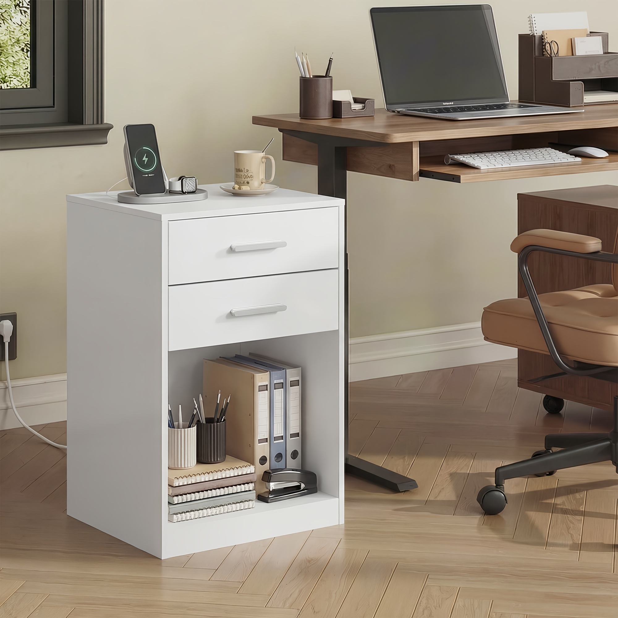 Nightstands Set Of 2, White Night Stand With Charging Station & Drawers, Night Stands For Bedroomsy For Hallway & Living Room