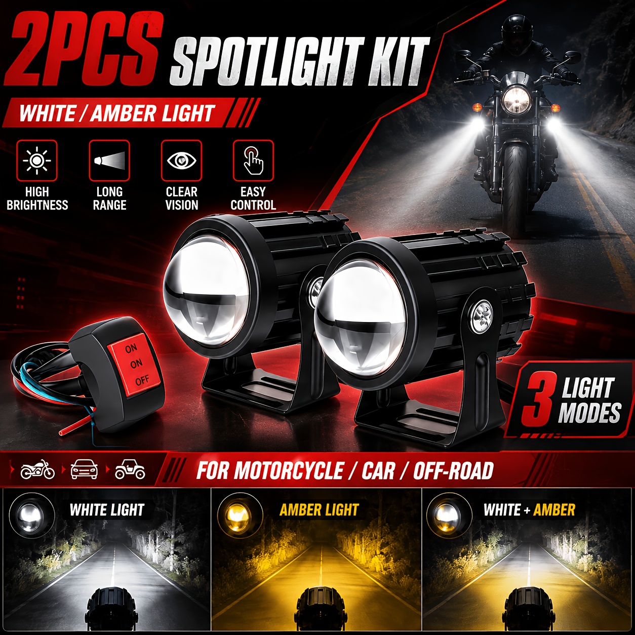 TEMU Kit luci LED per moto, 2 luci e 1 interruttore, super luminose bianche e ambra, colorazione, 3 modalit� di illuminazione, mini luci posteriori
