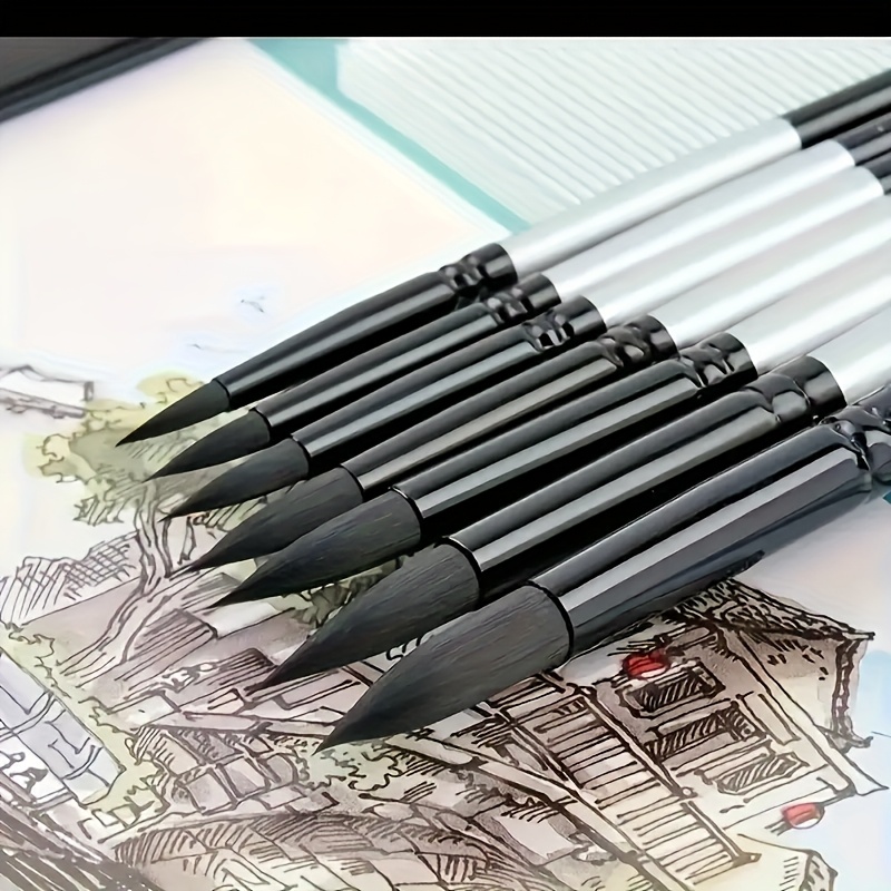 7pcs Professional Watercolor Brush Set - Artist Quality, Round Tips, Ideal For Beginners And Gouache Artists, Durable Wooden Handles