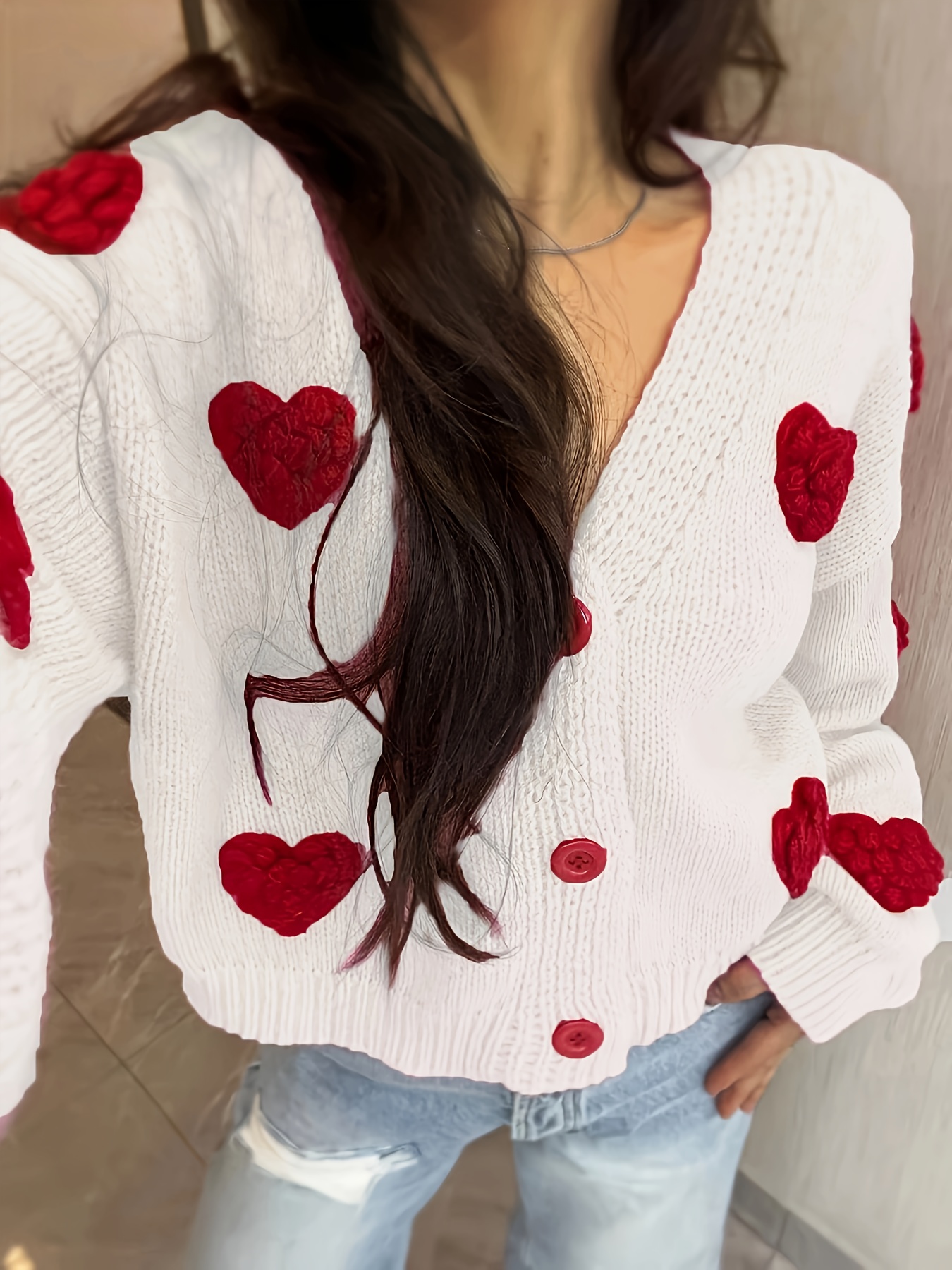 Precious Ivory and Red Heart Sweater - Cute Women's Sweaters