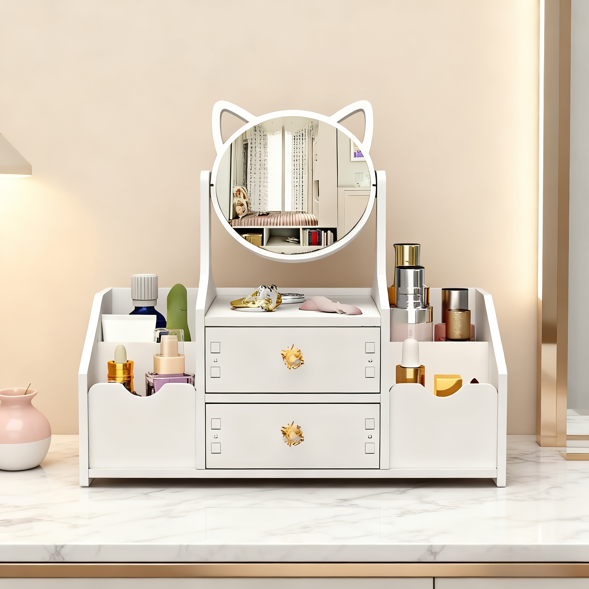 Makeup Mirror, 360 Degree Rotatable Cat Head Makeup Mirror, Dressing Table,  Dressing Mirror, Women'S Dressing Table Set, Dressing Table with Mirror And  Drawer, Cosmetic Storage, Perfect Gift for ...